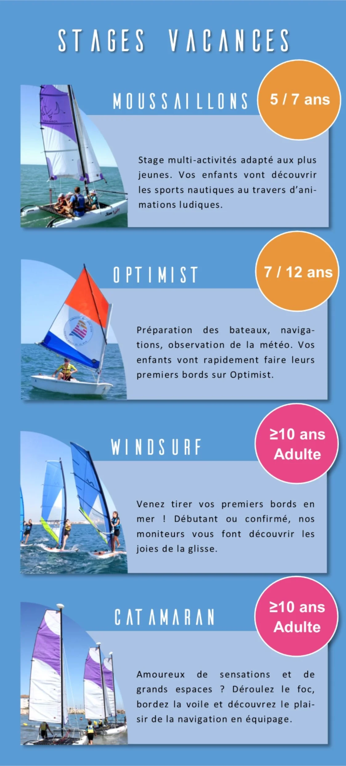 stages de voile, catamaran, optimist, planche à voile